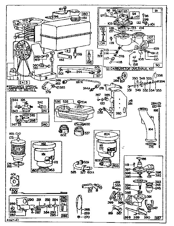 Carburetor And Fuel Tank Assembly Diagram and Parts List for 81300-81497 0110 - 0334 Briggs and Stratton Engine